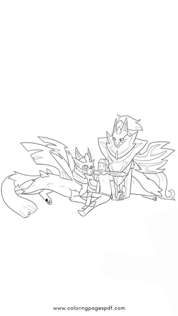 Coloring page featuring both Zacian forms and a warrior character.