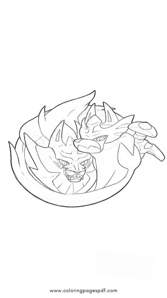 Alt text: "Printable coloring page featuring the heads of Pokémon Zacian and Zamazenta in both forms for kids' educational fun.
