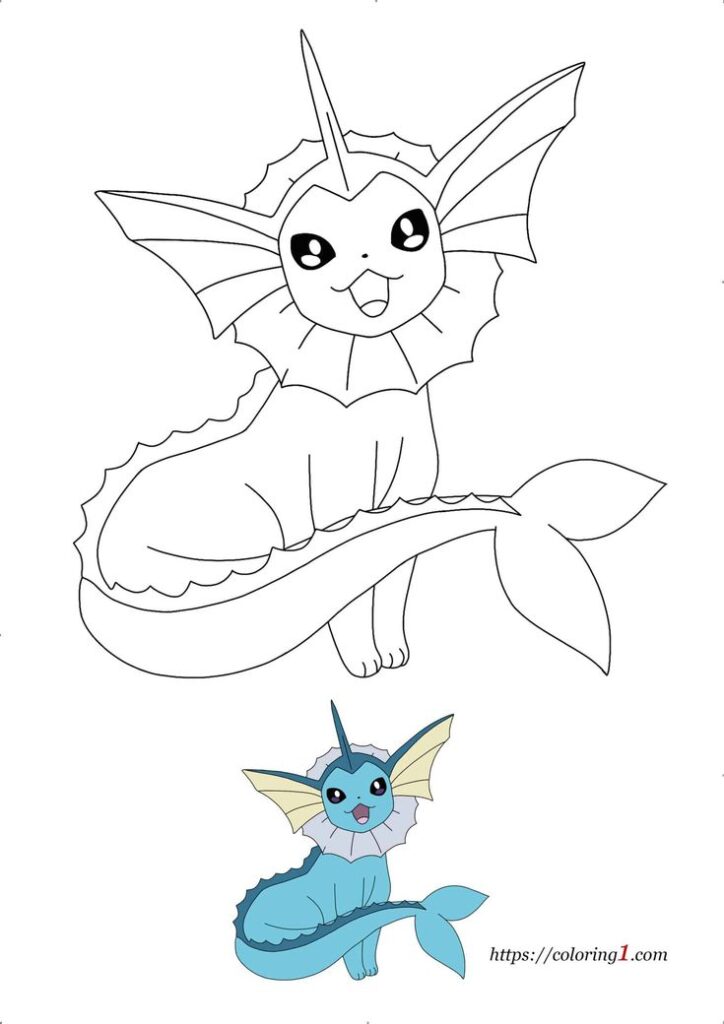 Coloring worksheet featuring two outlines of Vaporeon from Pokémon, designed for coloring and creativity.