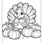 Coloring page featuring a cartoon turkey with a big smile and colorful feathers, perfect for kids' Thanksgiving activities.
