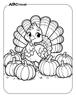 Coloring page featuring a cartoon turkey with a big smile and colorful feathers, perfect for kids' Thanksgiving activities.