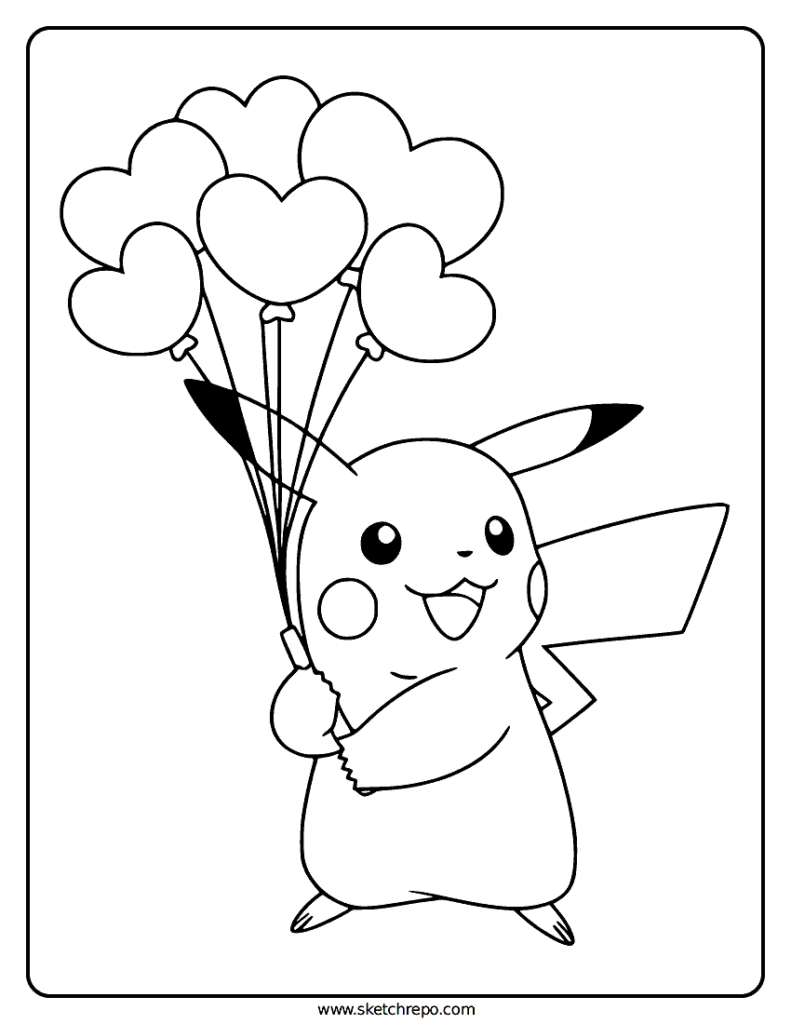 Line drawing of Pikachu holding a heart for kids to color in.