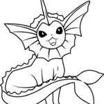 Vaporeon coloring page featuring a cute, water-type Pokémon surrounded by bubbles and waves, perfect for kids.