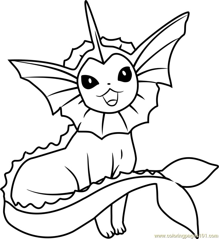 Vaporeon coloring page featuring a cute, water-type Pokémon surrounded by bubbles and waves, perfect for kids.